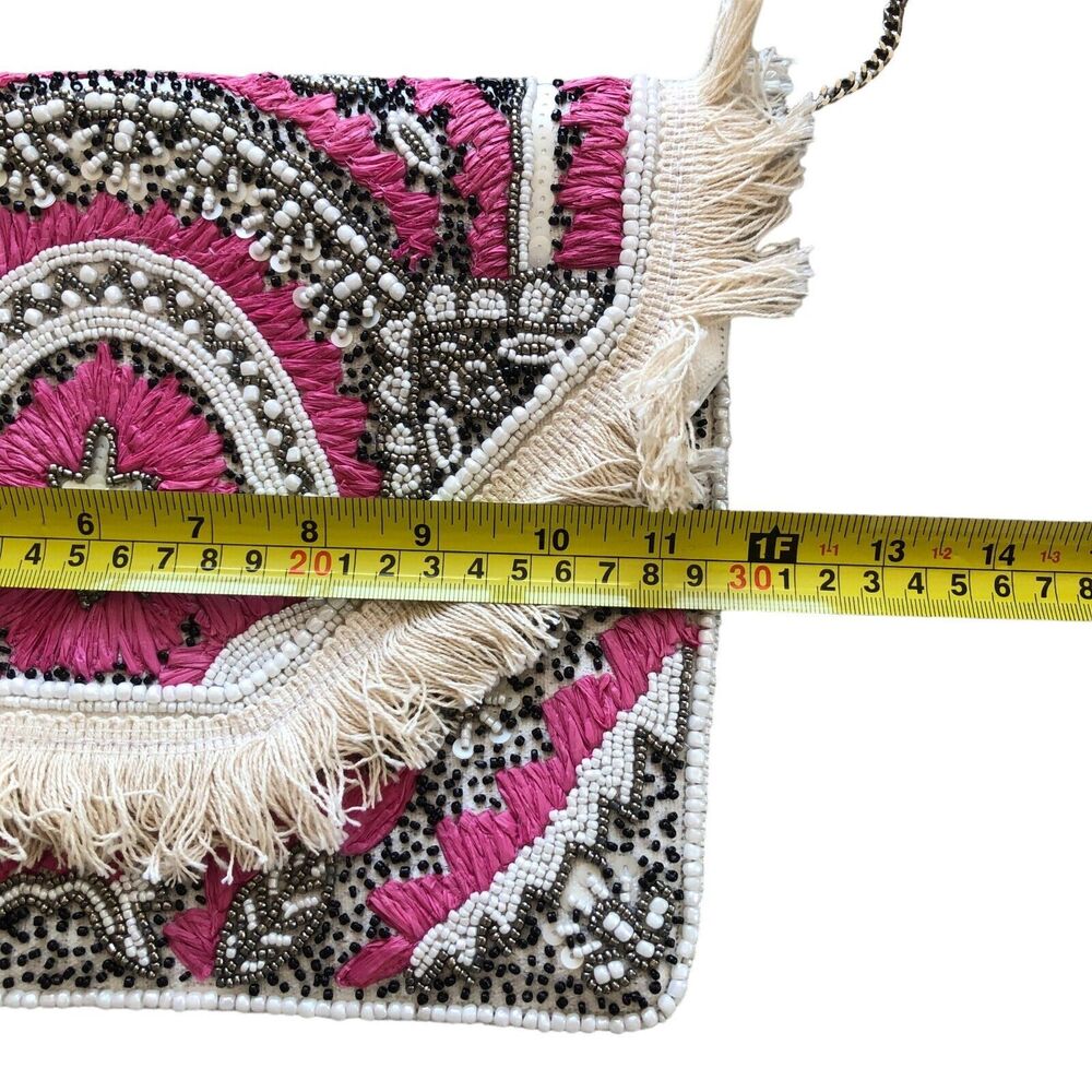 Lobe Love Pink and Cream Boho Embroidered Gypsy Fringe Bead Cross Body Bag - Picture 7 of 9